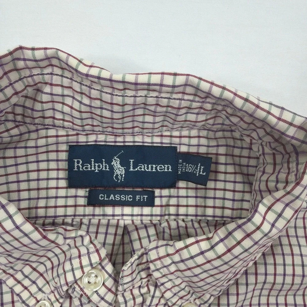 Ralph Lauren Button Down Shirt Classic Fit Cotton Check Large 16.5 L Burgundy‎
